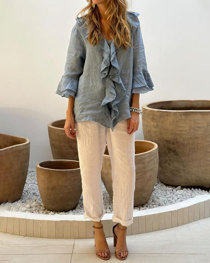 Kiwi | Blusa de manga con volantes de algodón y lino