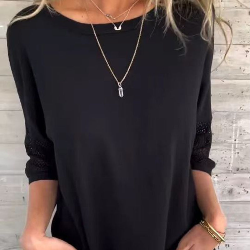 Camiseta casual para mujer Clarisse de color sólido con cuello redondo y manga 3/4