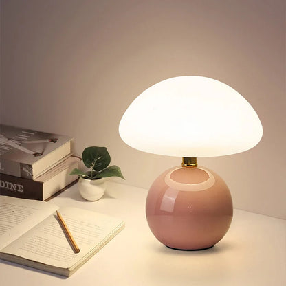 Lámpara de mesita de noche base de cerámica pantalla en forma de hongo luz