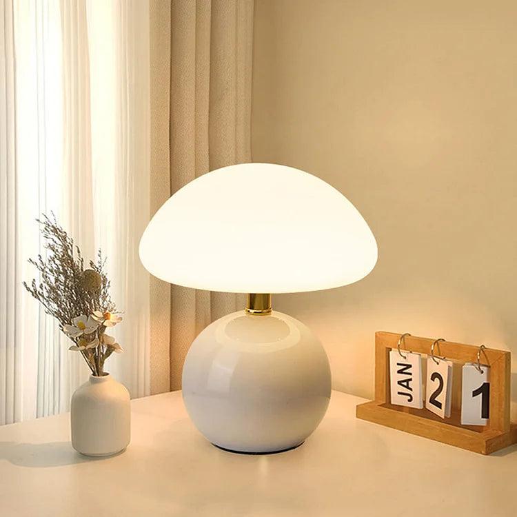 Lámpara de mesita de noche base de cerámica pantalla en forma de hongo luz