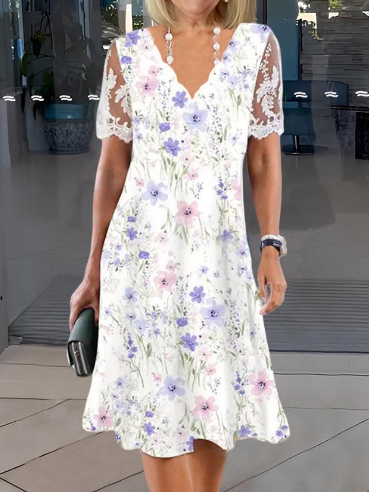 Harlyn - Vestido midi de encaje floral dulce con parches