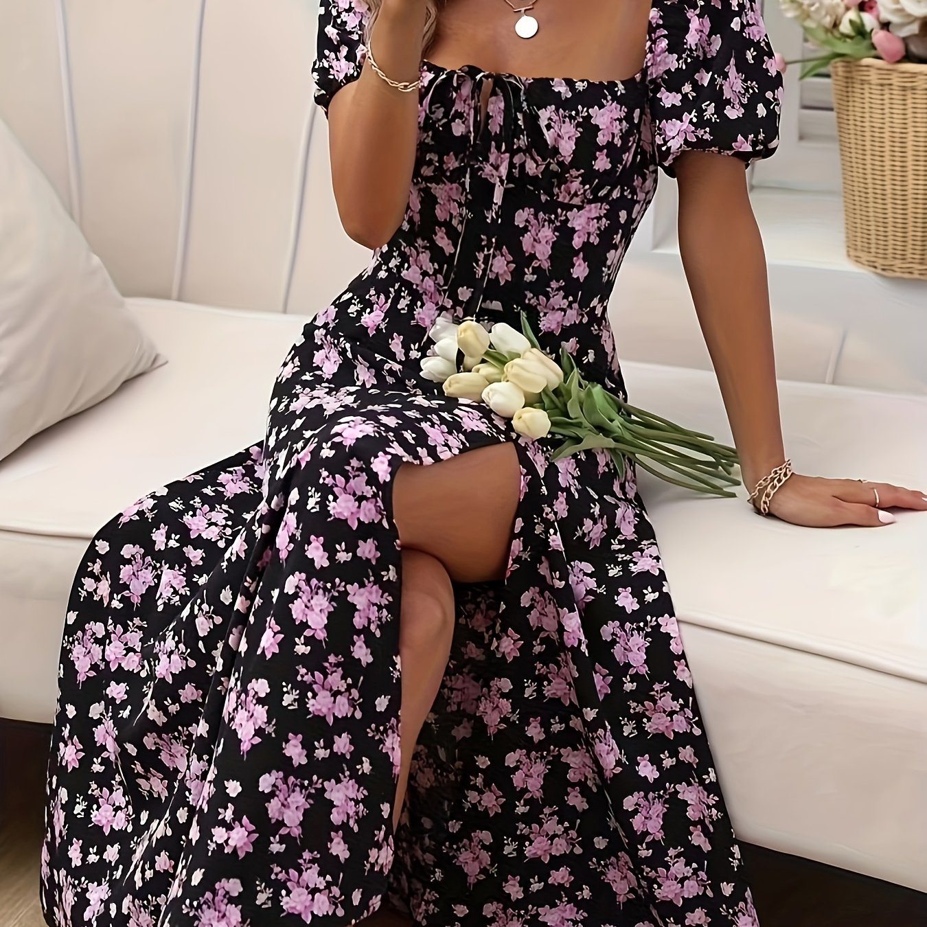 Calyx - Vestido artístico con estampado floral y mangas abullonadas