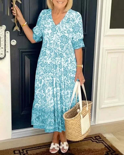 Mavis - Vestido largo bohemio floral elegante con escote en V