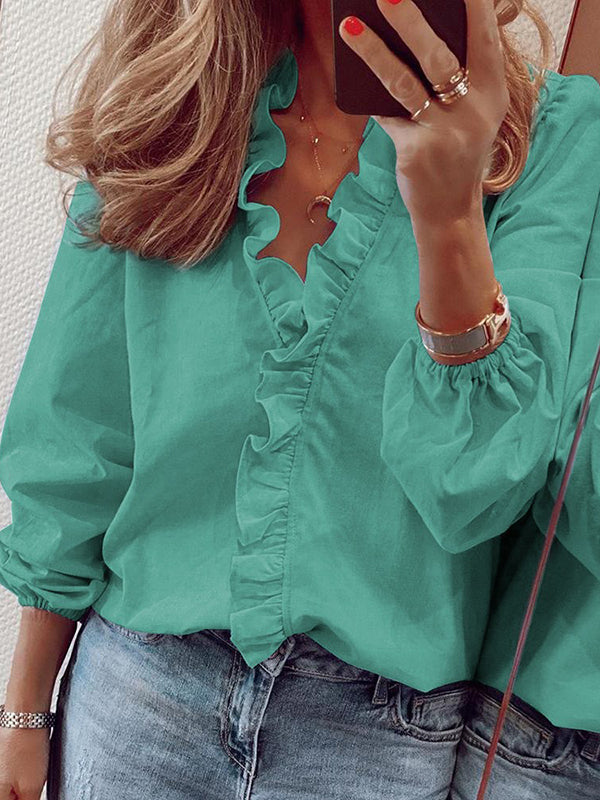 Chiyo – Blusa con mangas abullonadas y escote en V – Ajuste moderno y cómodo