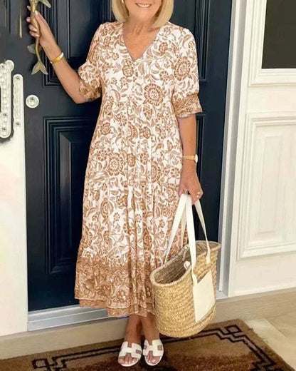 Mavis - Vestido largo bohemio floral elegante con escote en V