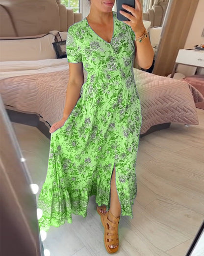 Ellie - Vestido elegante floral con escote en V y dobladillo plisado