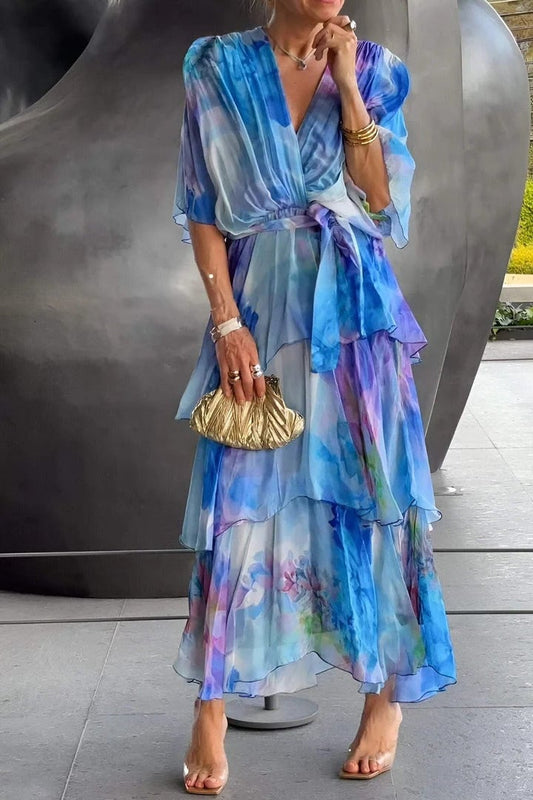 Nysa - Vestido de gasa con volantes y estampado floral de primavera