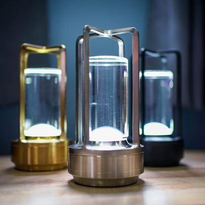 Lámpara de mesa de cristal con efecto vela LED