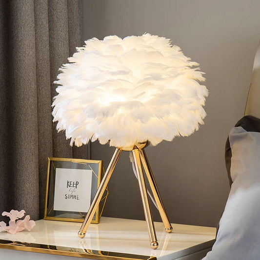 Table Lamp with Feather Shade and Tripod Base