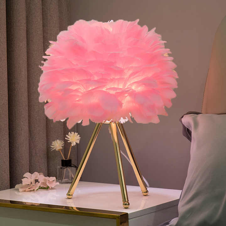 Table Lamp with Feather Shade and Tripod Base