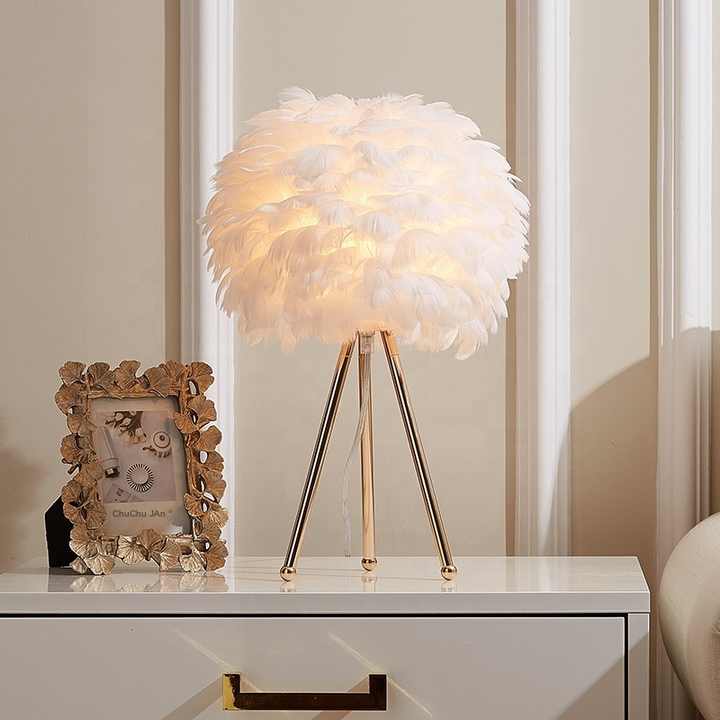 Table Lamp with Feather Shade and Tripod Base