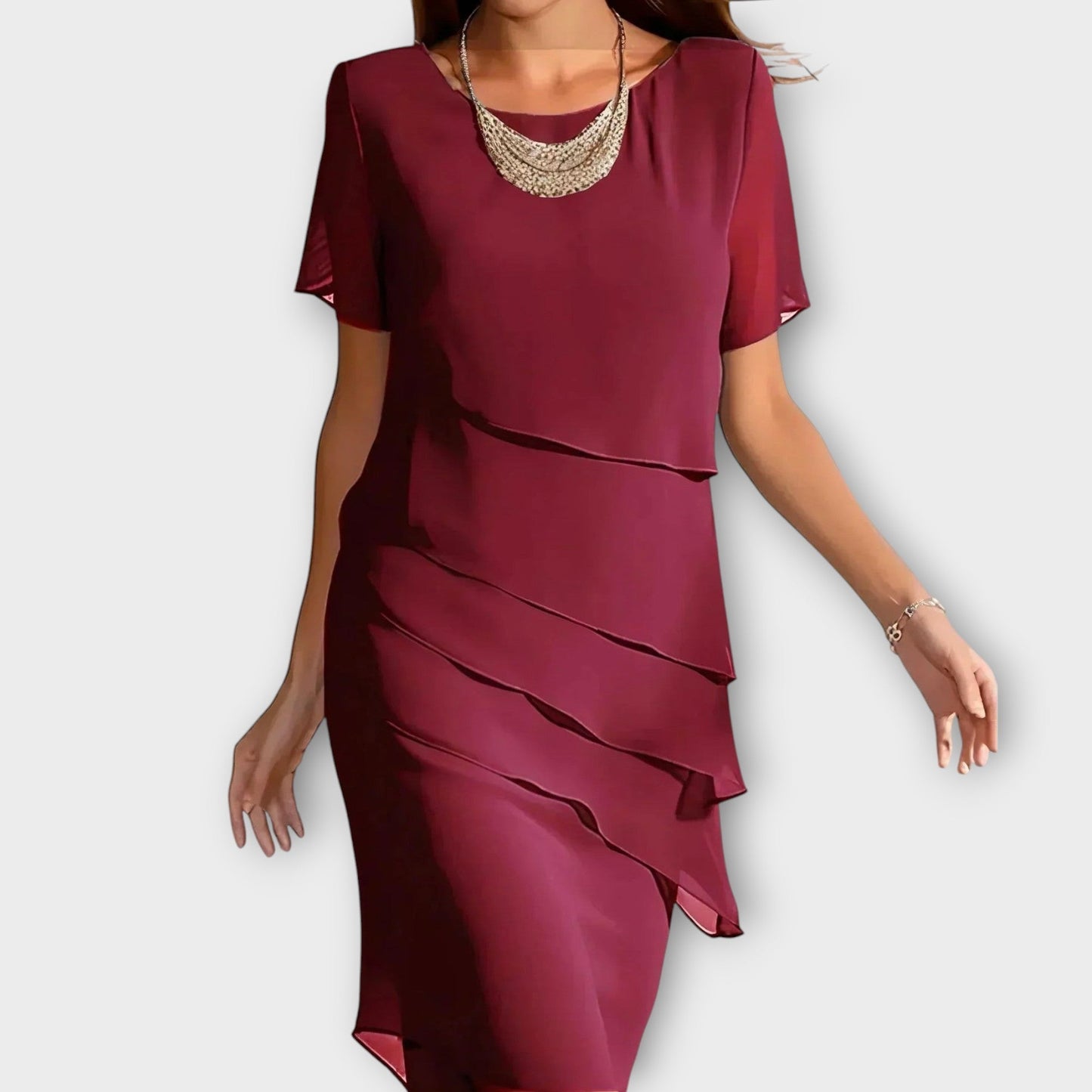 Ione - Vestido con detalle de volantes, dobladillo irregular y cobertura para el abdomen