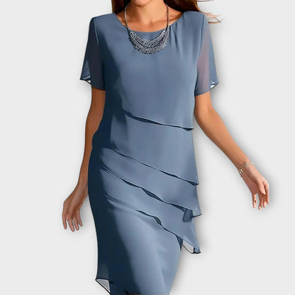 Ione - Vestido con detalle de volantes, dobladillo irregular y cobertura para el abdomen