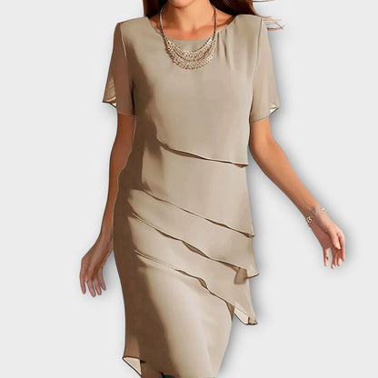 Ione - Vestido con detalle de volantes, dobladillo irregular y cobertura para el abdomen