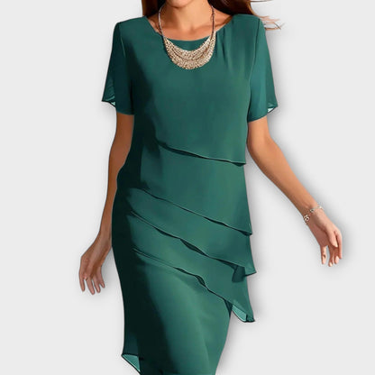 Ione - Vestido con detalle de volantes, dobladillo irregular y cobertura para el abdomen