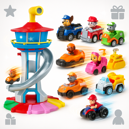 Juego de pista de coches para niños con torre de tobogán