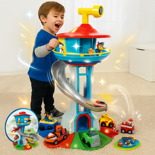 Torre de tobogán para niños con juego de coches