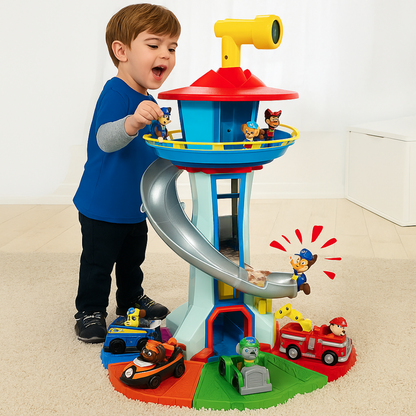 Juego de pista de coches para niños con torre de tobogán
