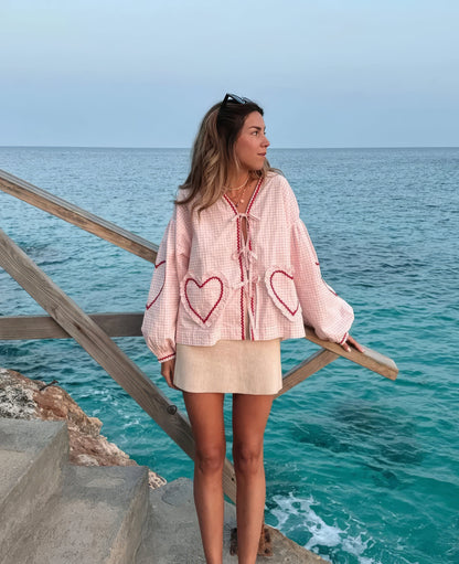Vern - Camisa de encaje con corazón a cuadros y cordones
