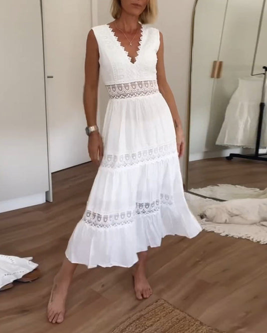 Ninfea | Vestido midi sin mangas estilo bohemio con detalles de encaje