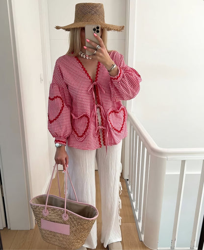 Vern - Camisa de encaje con corazón a cuadros y cordones