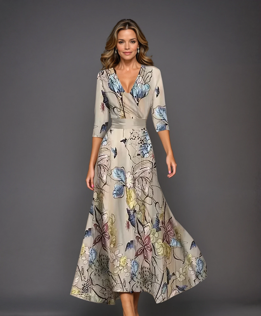Emily - Vestido midi estampado de cintura alta con mangas medias