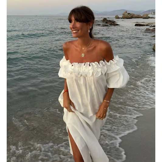 Sofía - Vestido de ensueño de lino con hombros descubiertos