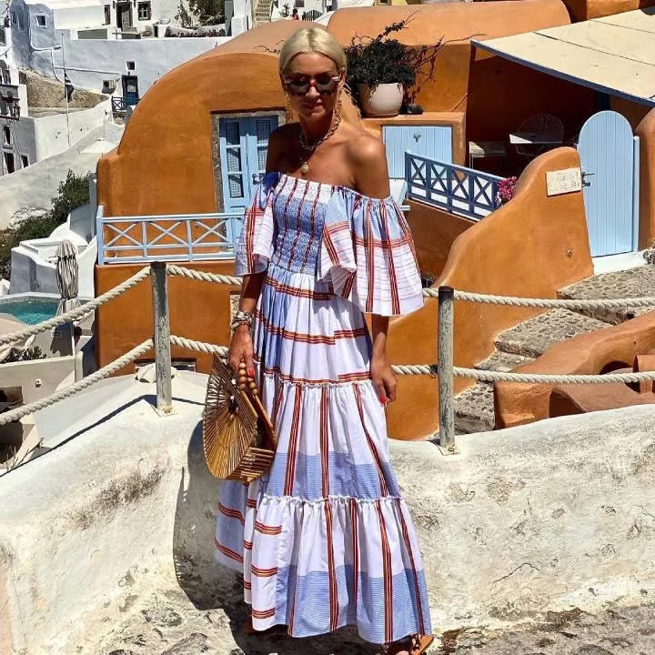 Seraphina - Vestido largo maxi de lujo con estampado mexicano y hombros descubiertos