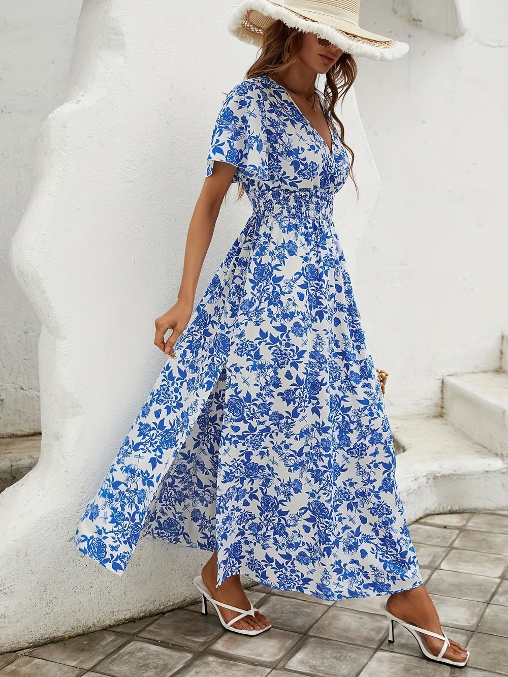 Bea - Vestido de playa azul bohemio con escote en V