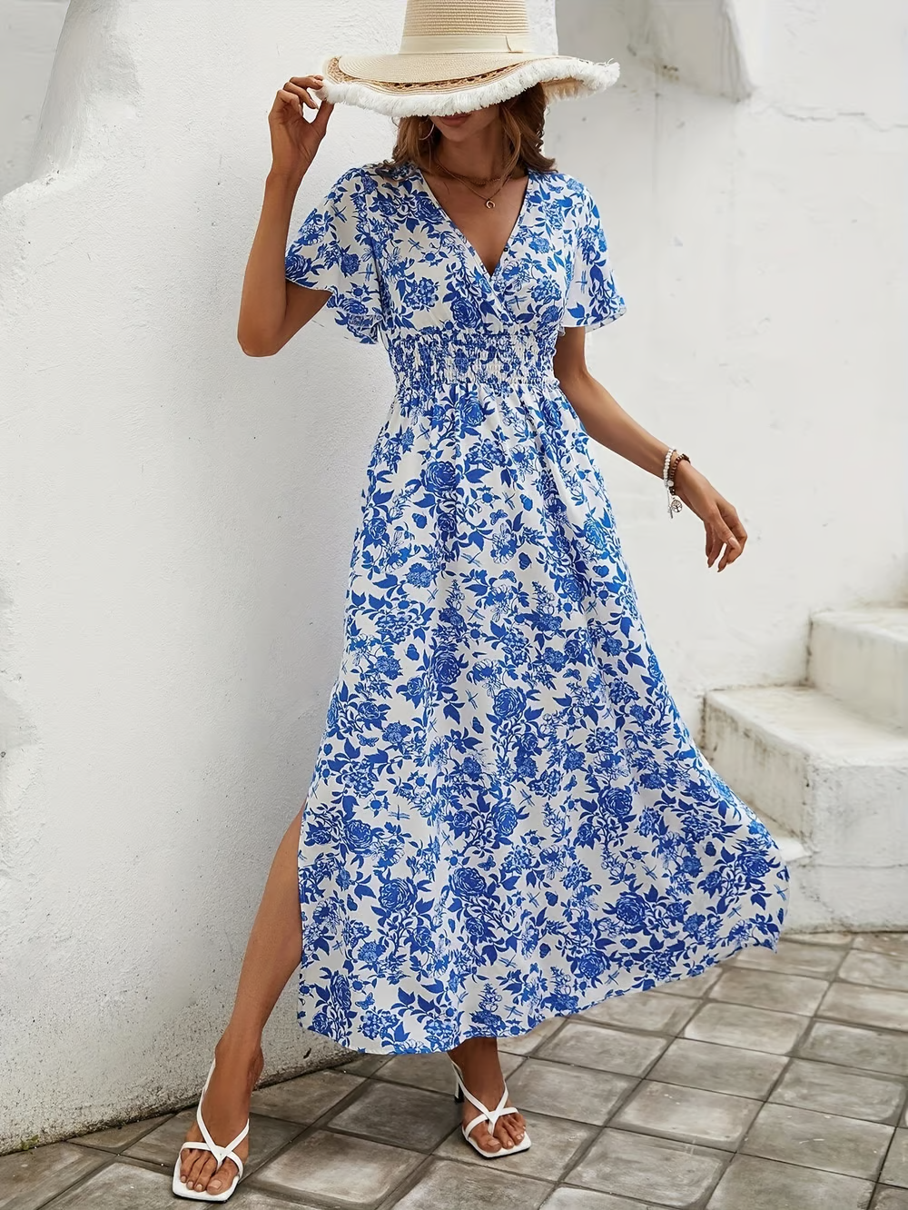 Bea - Vestido de playa azul bohemio con escote en V
