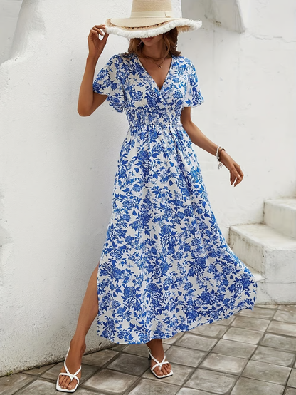 Bea - Vestido de playa azul bohemio con escote en V