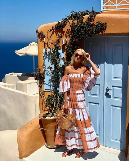 Seraphina - Vestido largo maxi de lujo con estampado mexicano y hombros descubiertos