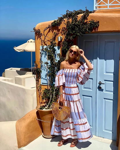 Seraphina - Vestido largo maxi de lujo con estampado mexicano y hombros descubiertos