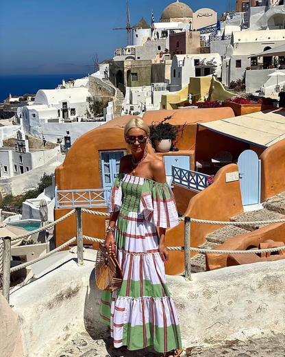 Seraphina - Vestido largo maxi de lujo con estampado mexicano y hombros descubiertos