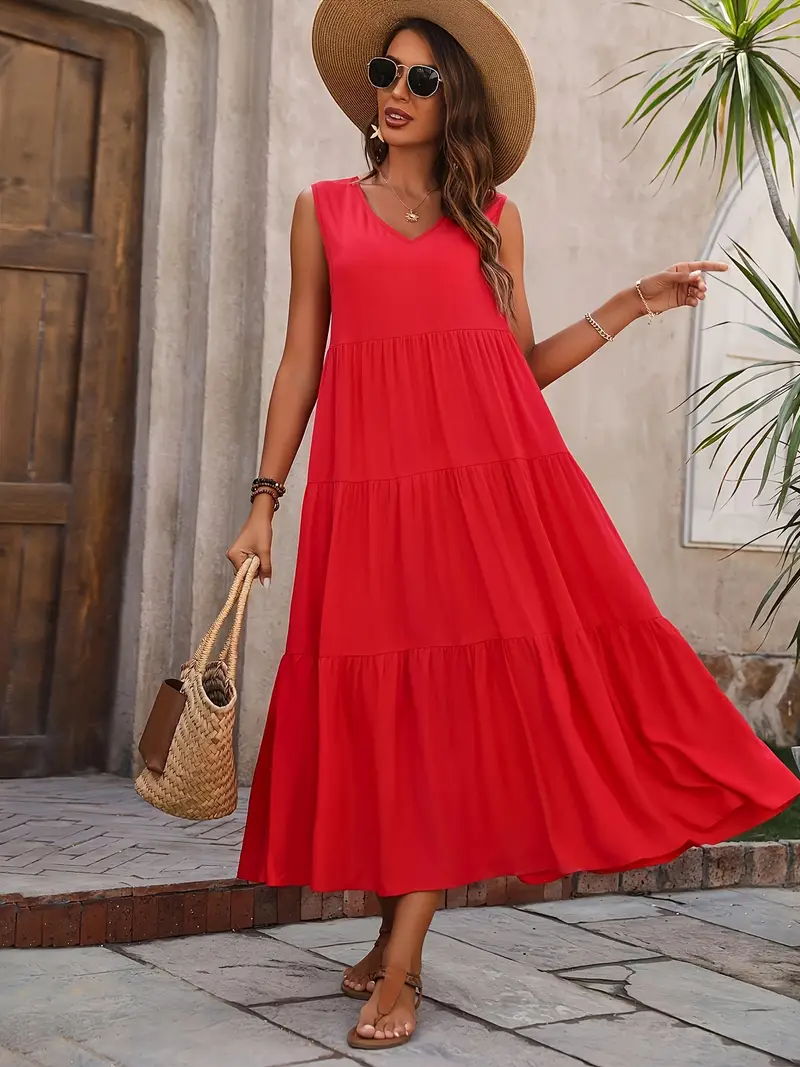 Lone - Vestido casual de corte holgado con dobladillo con volantes