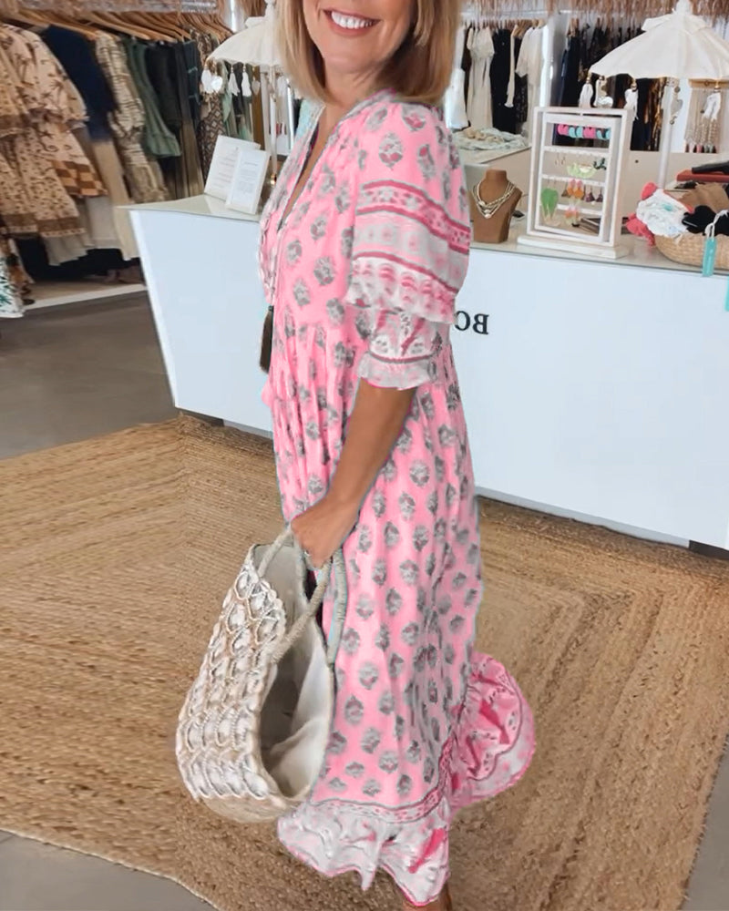 Jasmine - Vestido Maxi Bohemio Relajado con Mangas Largas de Linterna