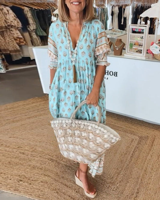 Jasmine - Vestido Maxi Bohemio Relajado con Mangas Largas de Linterna