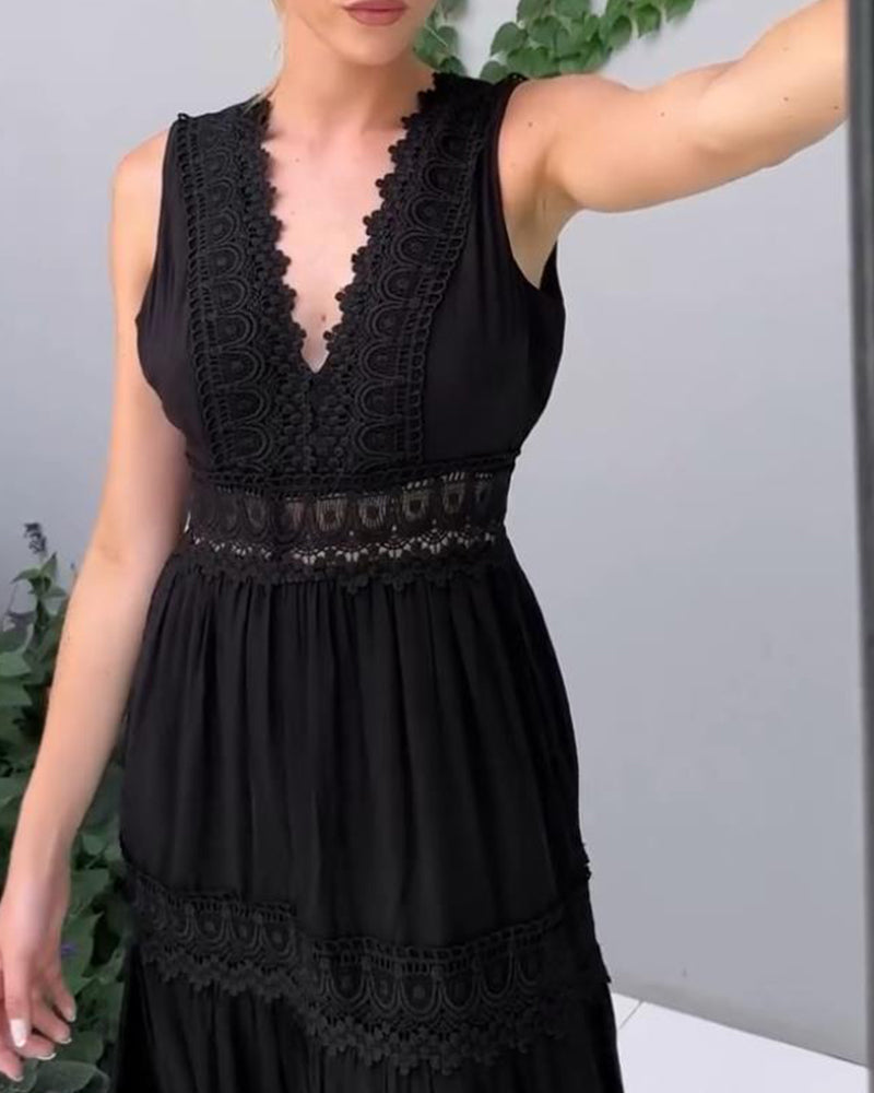Ninfea | Abito midi senza maniche in stile boho con dettagli in pizzo