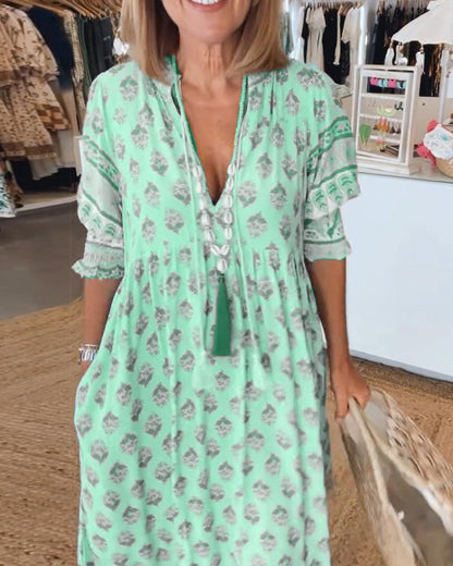 Jasmine - Vestido Maxi Bohemio Relajado con Mangas Largas de Linterna