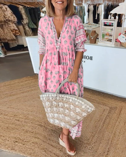Jasmine - Vestido Maxi Bohemio Relajado con Mangas Largas de Linterna