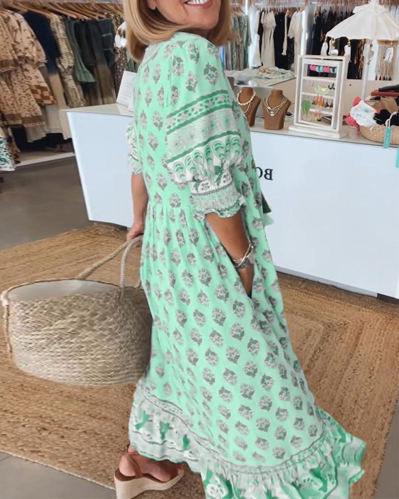 Jasmine - Vestido Maxi Bohemio Relajado con Mangas Largas de Linterna