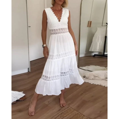 Ninfea | Abito midi senza maniche in stile boho con dettagli in pizzo