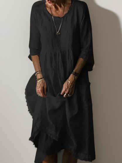 Katie - Vestido midi plisado de algodón y lino para verano