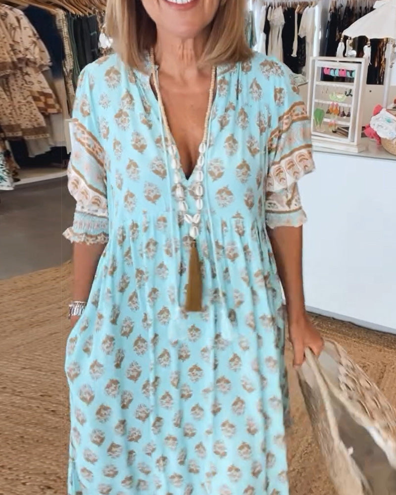 Jasmine - Vestido Maxi Bohemio Relajado con Mangas Largas de Linterna