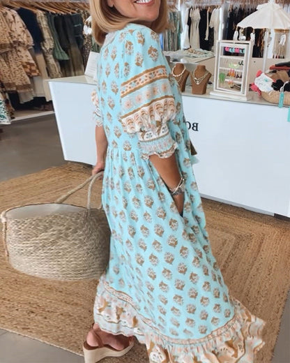 Jasmine - Vestido Maxi Bohemio Relajado con Mangas Largas de Linterna