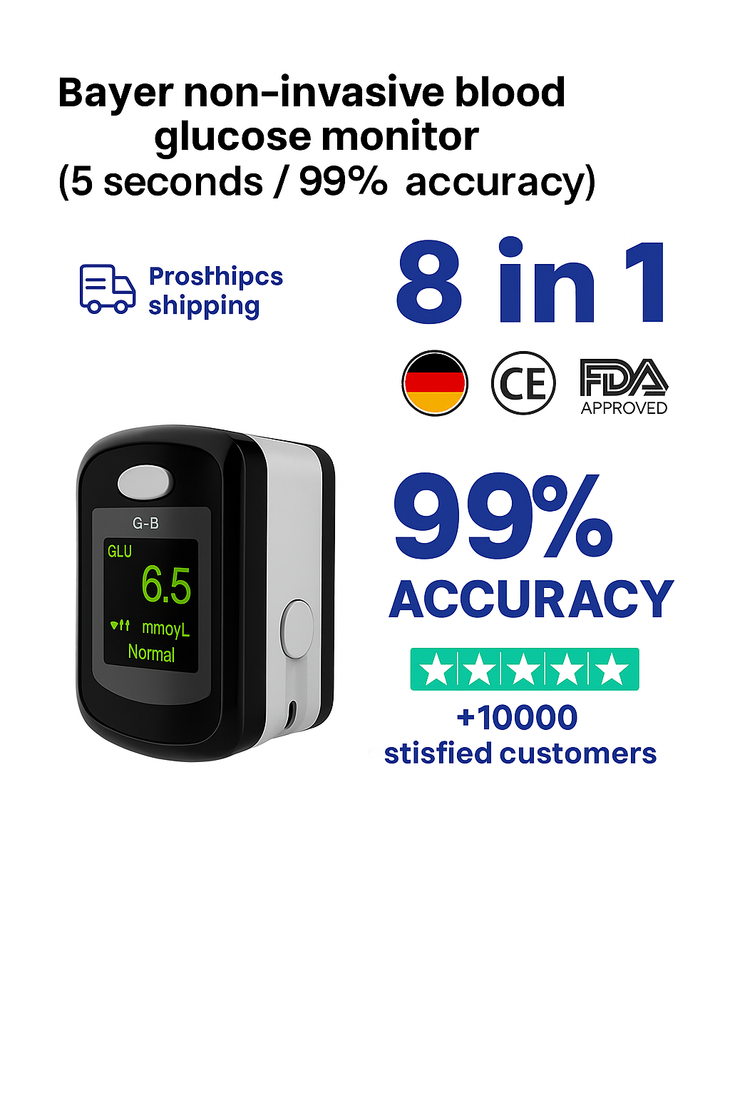 Non-Invasive 8-in-1 Blood Glucose & Health Monitor
