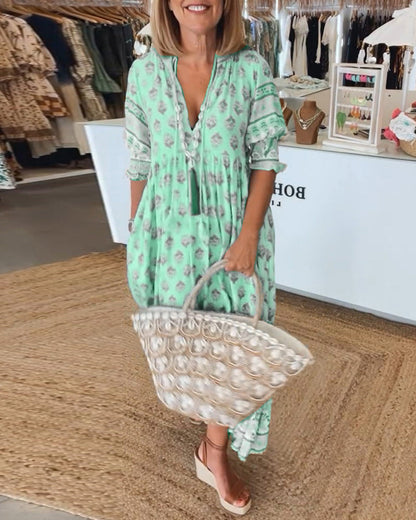 Jasmine - Vestido Maxi Bohemio Relajado con Mangas Largas de Linterna