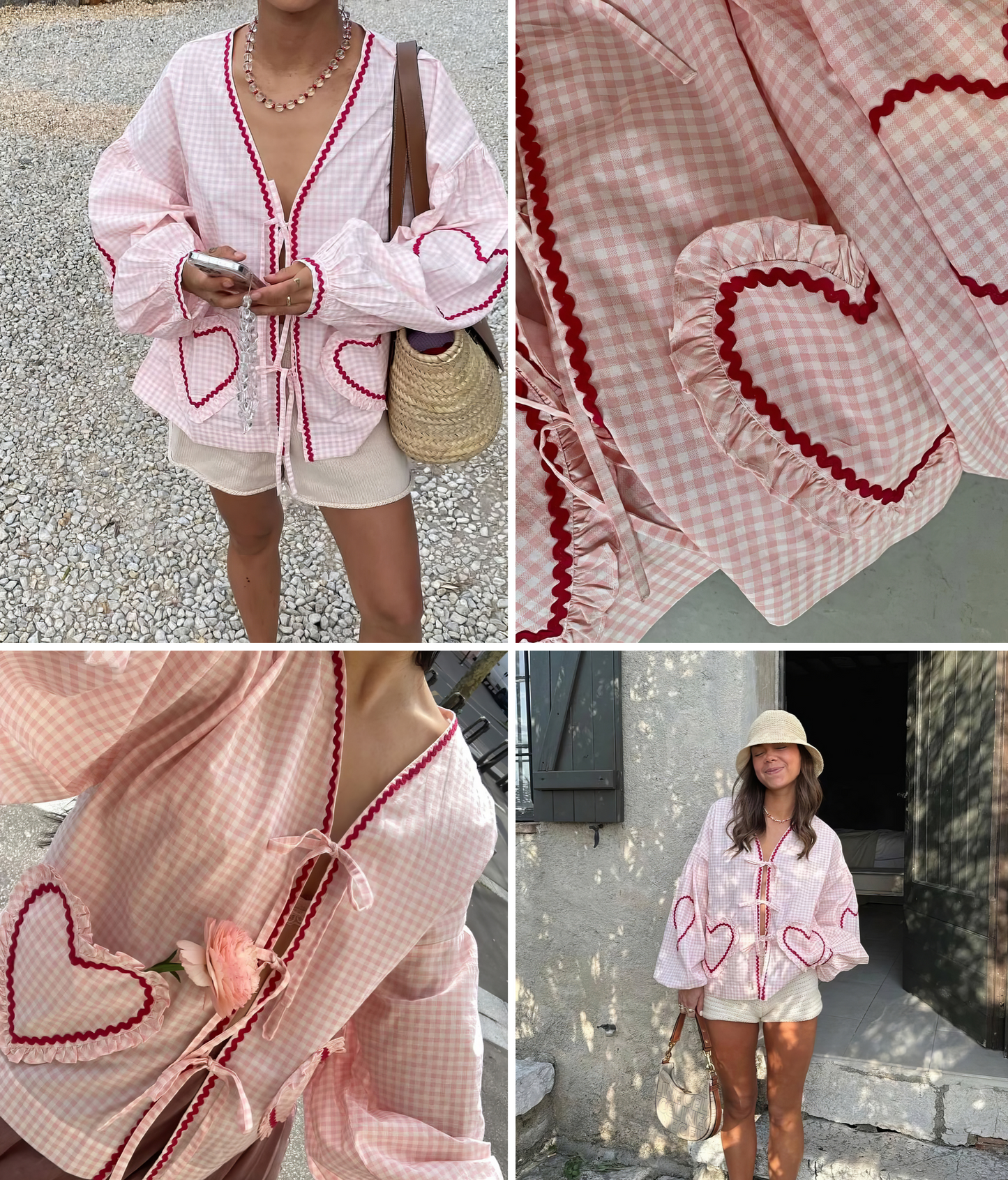 Vern - Camisa de encaje con corazón a cuadros y cordones