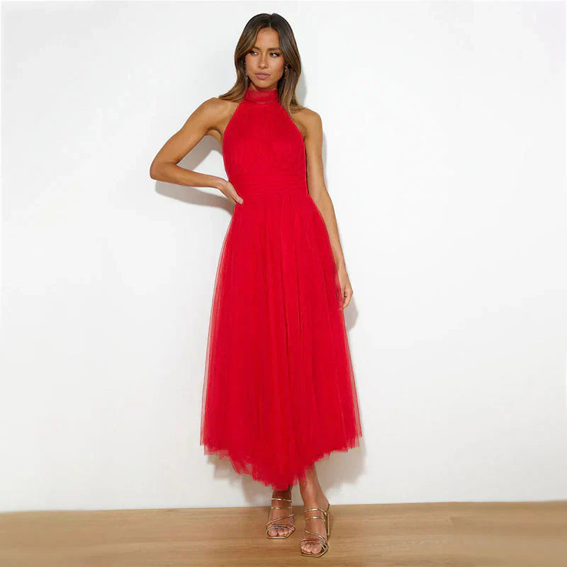 Pearlina - Vestido de malla elegante con cuello alto