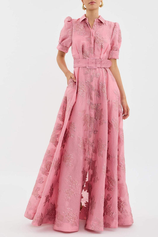 Aven - Vestido Retro Rosa con Solapa y Cintura Alta